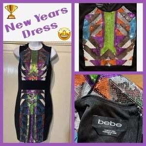 Bebe Dress Women Medium Black Colorful Symmetrical Sequined‎ New Years Party